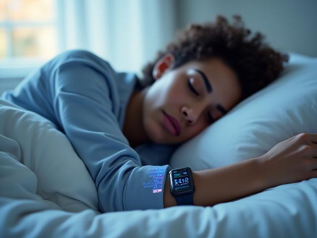 Persona rilassata che dorme, con un dispositivo wearable al polso che monitora il suo sonno. Luci soffuse e statistiche digitali sovrapposte per mostrare l'analisi dei dati.