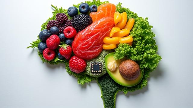 Alimenti sani che formano la sagoma di un cervello, con dettagli stilizzati che suggeriscono connessioni neurali e vitalità, in un contesto moderno.