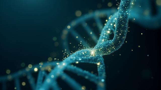 Un DNA stilizzato o un grafico di biologia molecolare illuminato con un tocco di eleganza italiana, che suggerisce la tecnologia al servizio della longevità.
