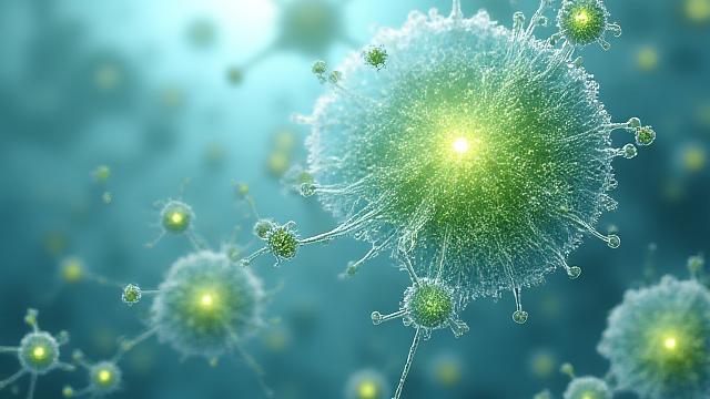 Immagine astratta del microbioma intestinale con elementi che suggeriscono felicità o equilibrio emotivo, in un ambiente di laboratorio pulito.