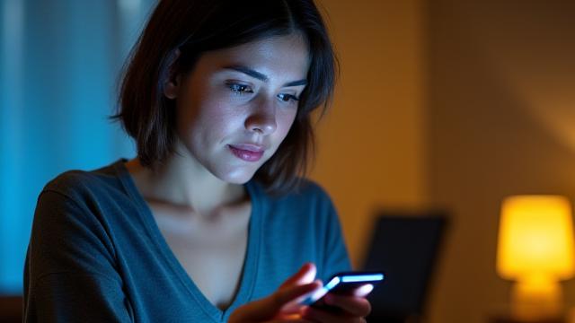 Una persona, probabilmente over 35, tiene un telefono in mano con espressione leggermente affaticata, ma con una luce calda che suggerisce l'equilibrio possibile con la tecnologia.