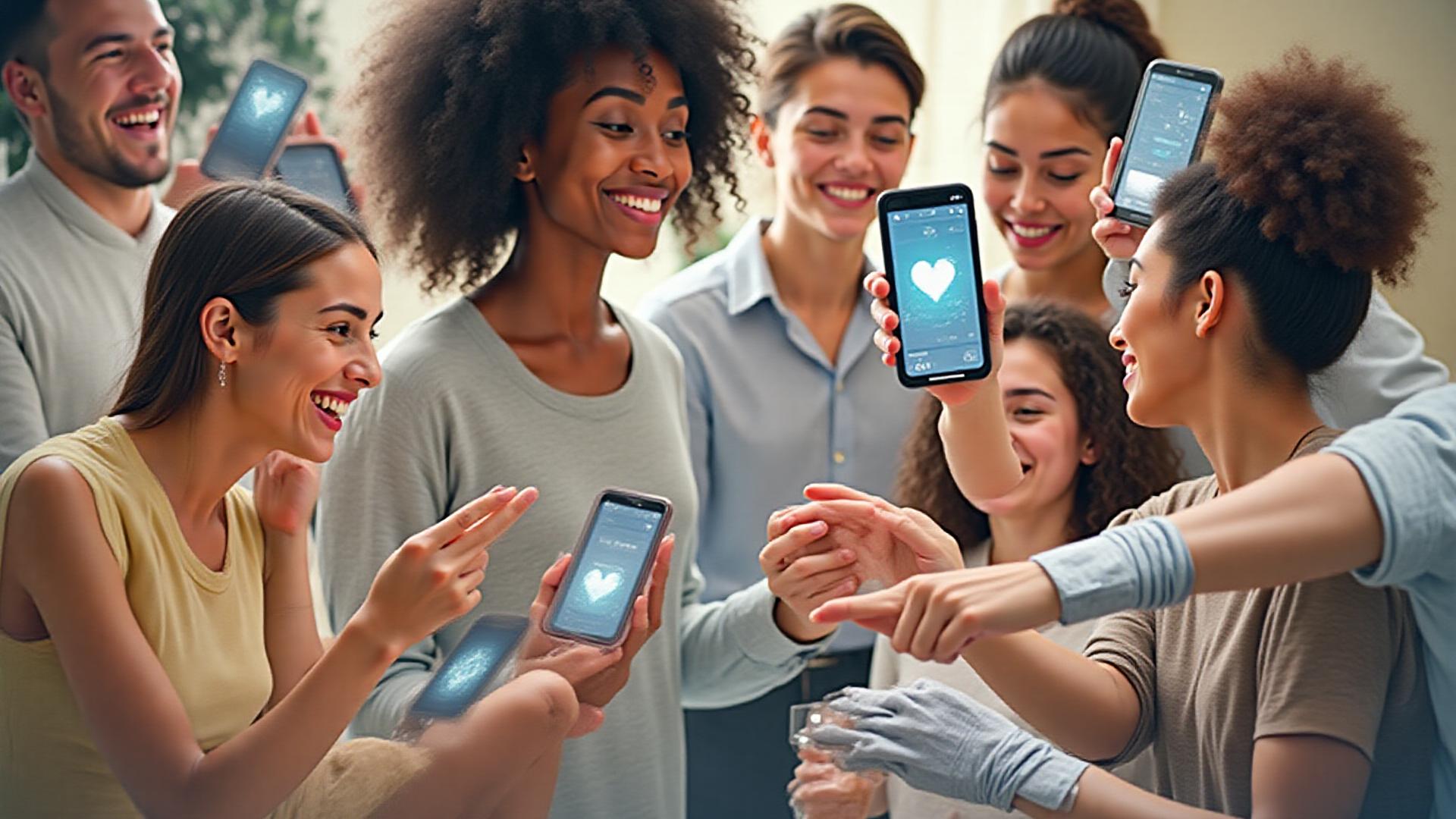 Diverse persone sorridenti si connettono digitalmente e di persona, un collage che rappresenta la community di Luce di Lucciola