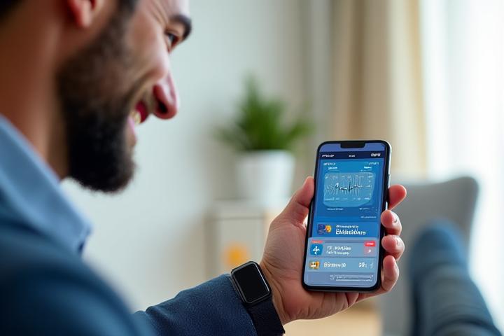 Un uomo sorridente che usa l'app di Luce di Lucciola sul suo smartphone, con un wearable al polso.