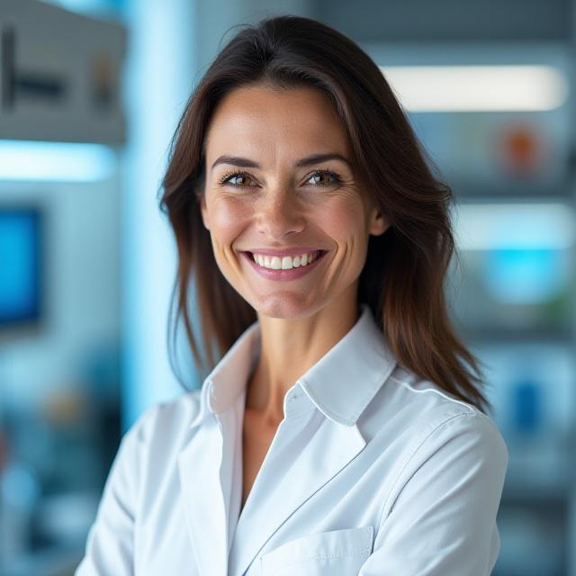 Ritratto professionale di un biologa nutrizionista italiana sorridente, con uno sfondo moderno e scientifico.