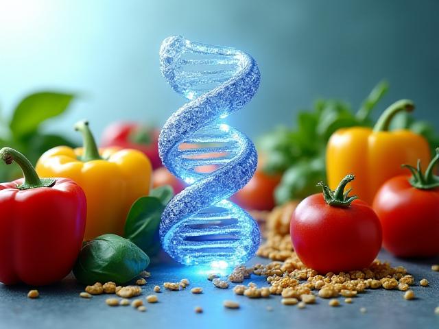 Doppia elica di DNA stilizzata che avvolge alimenti freschi e colorati come frutta, verdura e cereali integrali, simbolo di nutrizione personalizzata