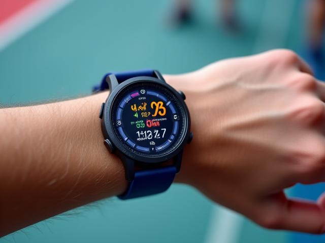 Uno smartwatch di ultima generazione su un polso, con l'interfaccia che mostra i dati di allenamento come battito cardiaco e calorie bruciate.