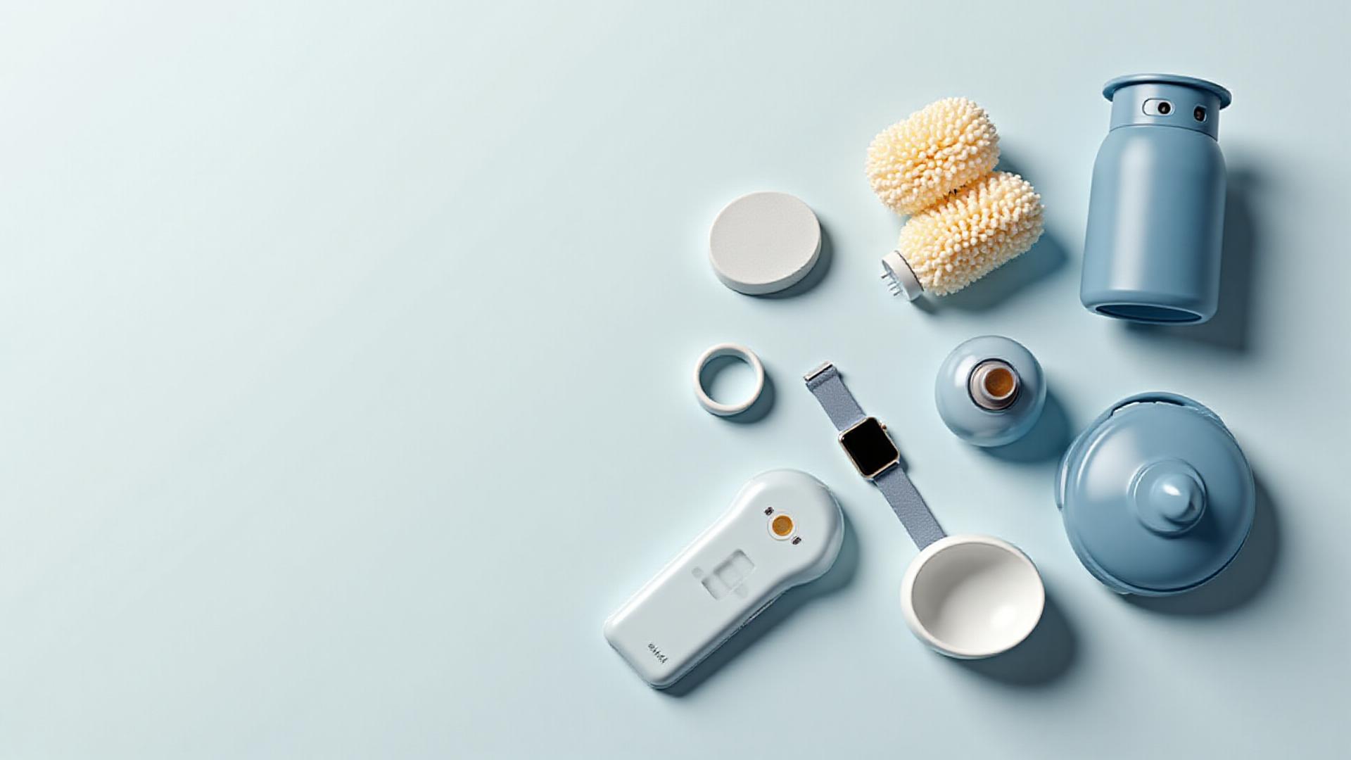 Vista dall'alto di una selezione di moderni prodotti wellness come smartwatch, anelli smart per il sonno e cuffie per la meditazione, disposti elegantemente su uno sfondo chiaro.
