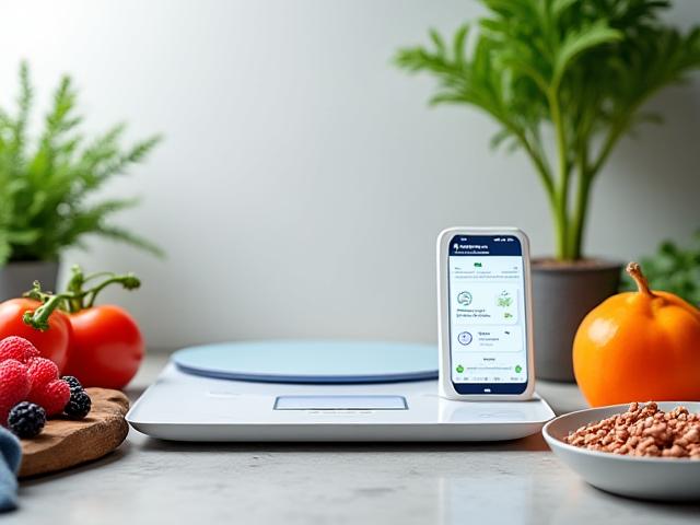 Una bilancia smart elegante connessa a un tablet che mostra un'app di food tracking, con ingredienti freschi e salutari in sottofondo.