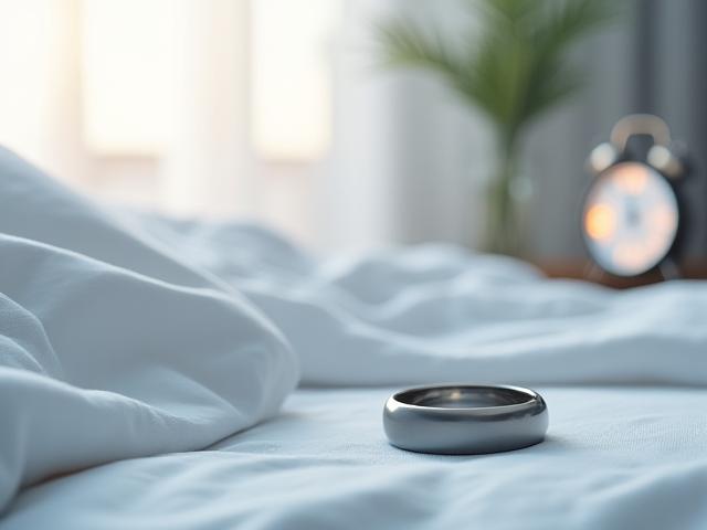Un anello smart per il monitoraggio del sonno poggiato elegantemente su un comodino con un sottofondo di lenzuola bianche e una luce soffusa.